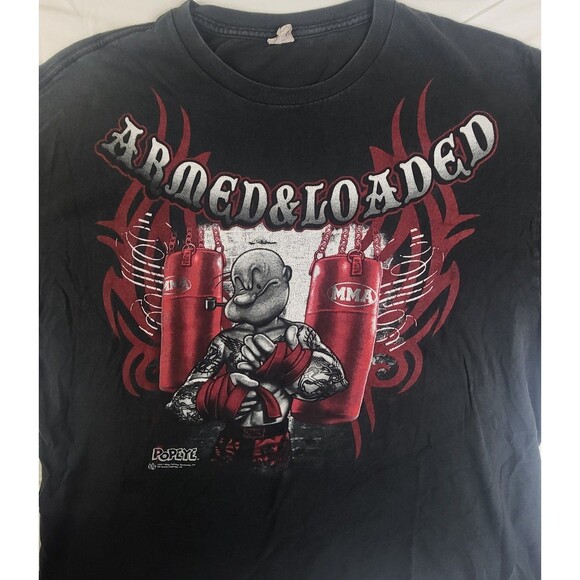 VTG 90’s Popeye Armed and Loaded MMA Graphic Print T Shirt Mens 2XL Black Red - Picture 2 of 6